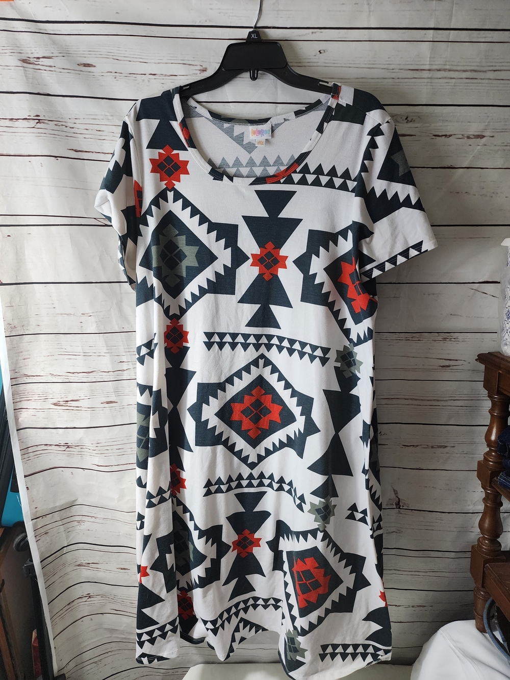 LuLaRoe White Aztec Geometric Midi Dress with Black and Red Accents - Picture 1 of 5